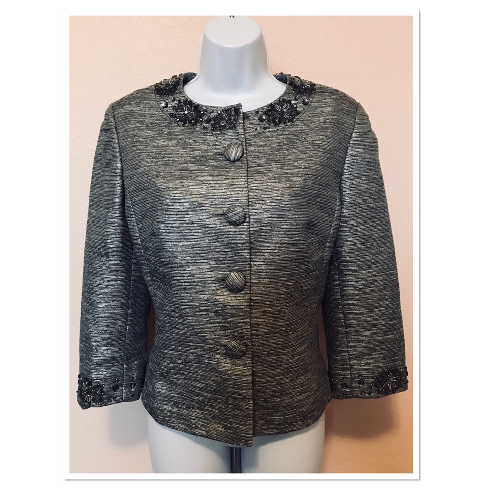 NEW Tahari Luxe Metallic Silver Beaded Jacket 8